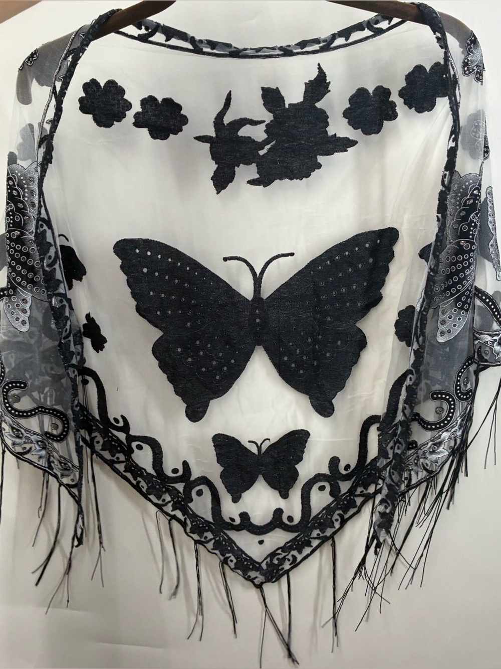 Vintage Y2K Butterfly Velvet Fringe Cape Shawl Sheer Black Goth Vampire Witch - Picture 3 of 5